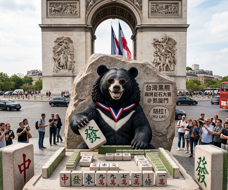 台灣黑熊,台灣熊愛打麻將,台灣黑熊打麻將,熊掌摸牌,巴黎街頭麻將局,凱旋門胡牌現場,凱旋門變牌桌,熊界世界盃預選賽,台法友好凱旋門麻將大賽,法國凱旋門麻將賭場